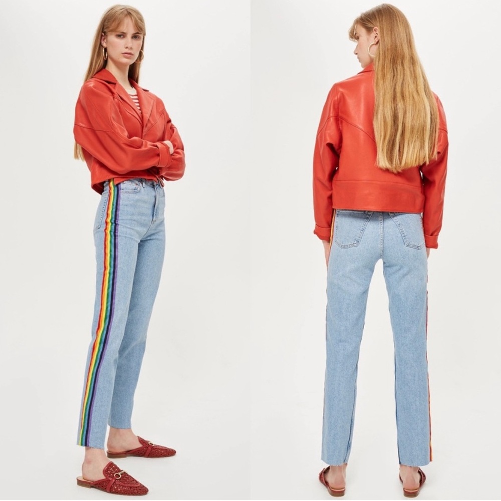 Topshop Light Blue High Rise Jeans with Rainbow Stripe